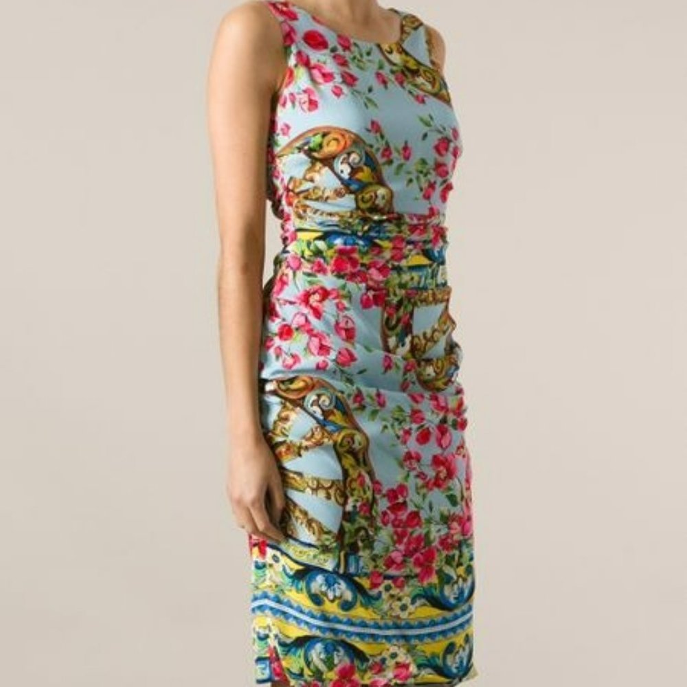 Dolce and Gabbana size 44 silk floral blue ruched sheath dress made in ITALY
